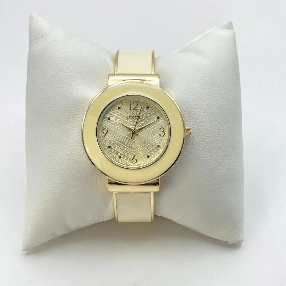 Chico's Womens Watch 35mm Gold Tone Cuff Cream Inlay Geometric New Battery 6.25